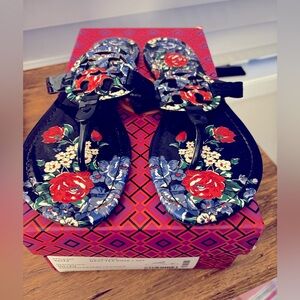 Tory Burch Navy Tea Rose Miller Sandal-sz 8.5